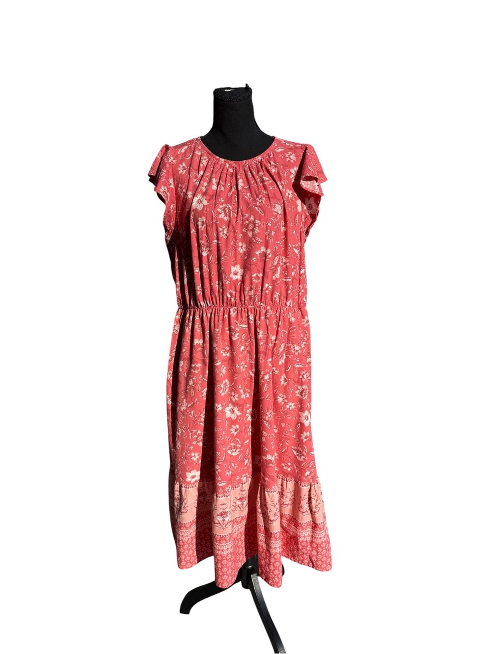 Time and Tru Coral-Pink Floral Midi Dress with Ruffled Sleeves